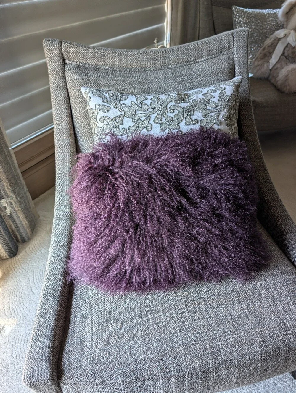 gorgeous amethyst MONGOLIAN LAMB fur pillow